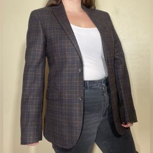 Strong Suit Wool Sport Coat Blazer Jacket Woven Brown Navy Plaid Academia M/L